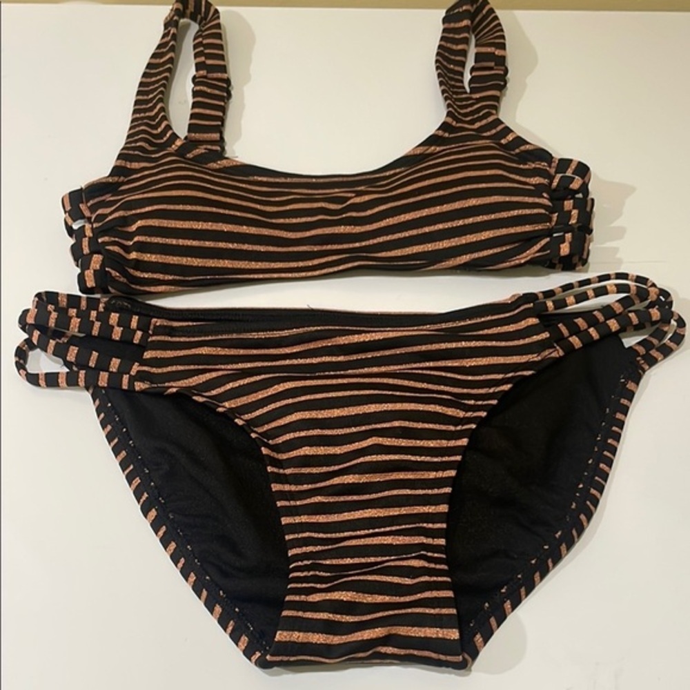 Xhilaration Black and Gold Rose Striped Bikini